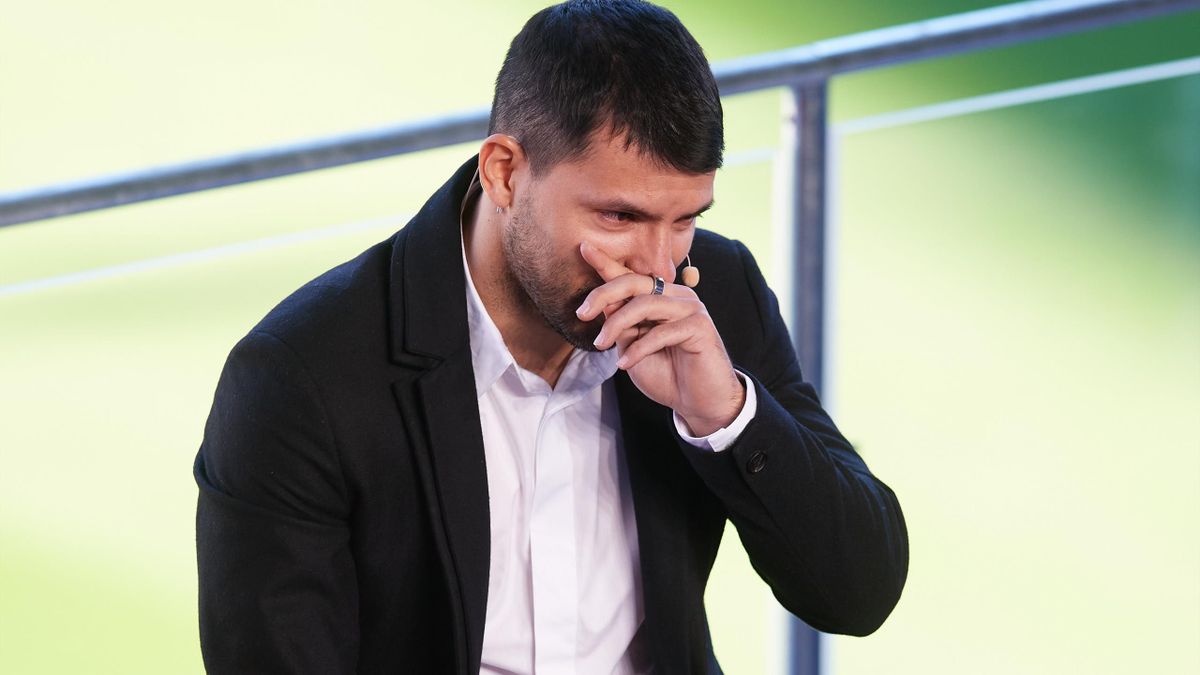 Sergio 'Kun' Aguero of FC Barcelona looks emotional during a press conference to announce his retirement from football