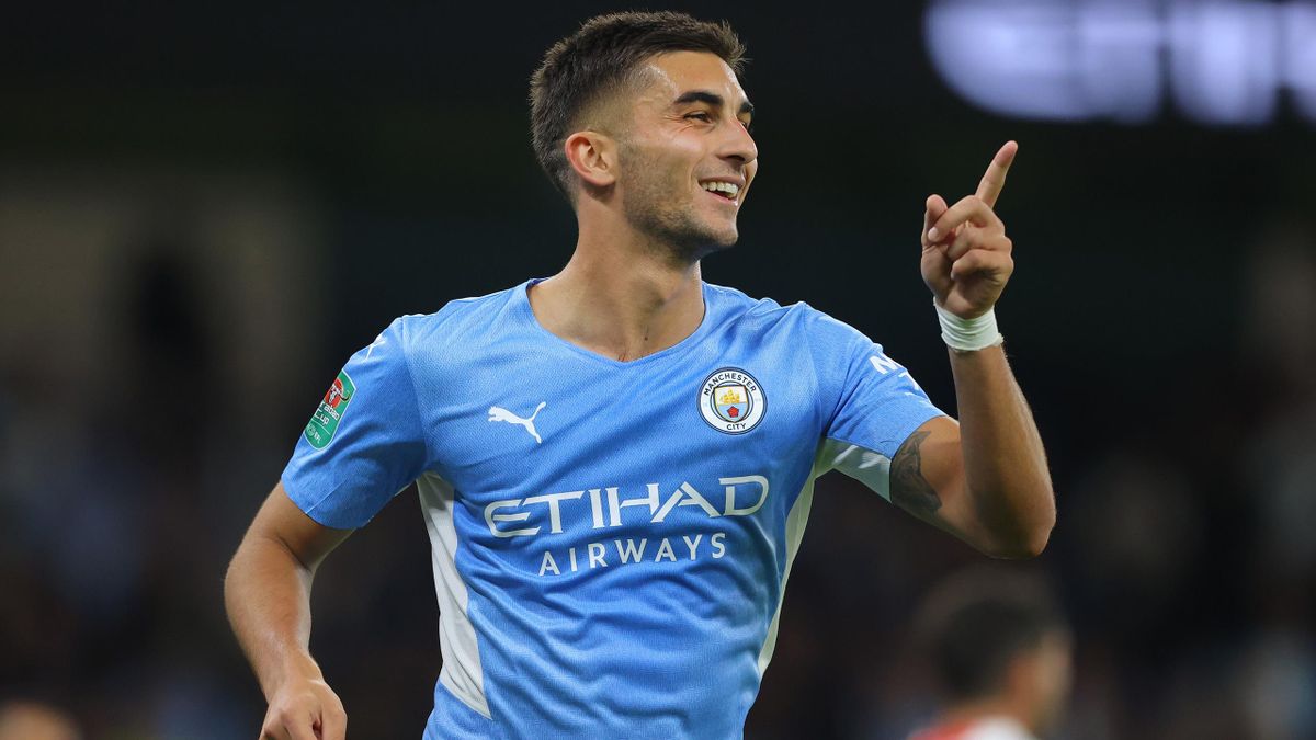 Ferran Torres of Manchester City celebrates after scoring their fourth goal during the Carabao Cup Third Round match between Manchester City and Wycombe Wanderers