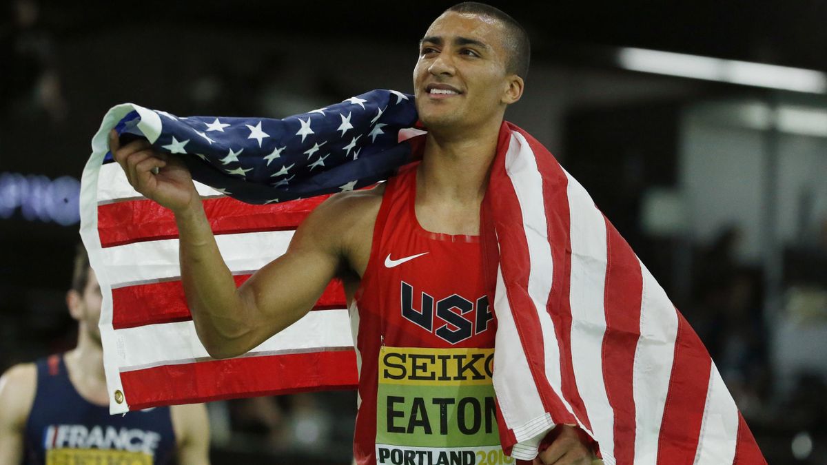 Gold medalist Ashton Eaton of the U.S. reacts after winning the men's heptathlon at the IAAF World Indoor Athletics Championships in Portland, Oregon