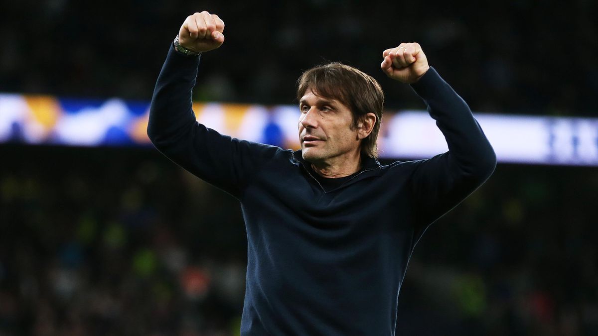 Antonio Conte, Manager of Tottenham Hotspur celebrates their side's victory after the Premier League match between Tottenham Hotspur and Arsenal at Tottenham Hotspur Stadium on May 12, 2022 in London, England.