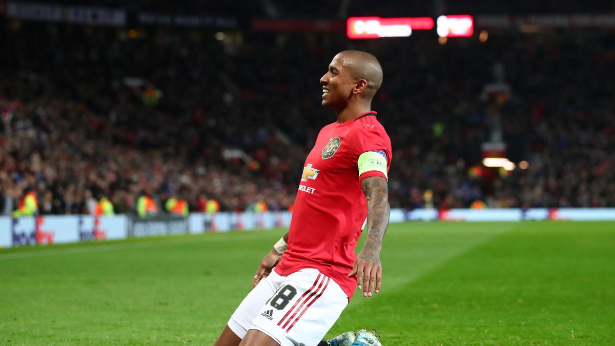 Ashley Young of Manchester United celebrates after scoring his team's first goal during the UEFA Europa League group L match between Manchester United and AZ Alkmaar at Old Trafford on December 12, 2019 in Manchester, United Kingdom