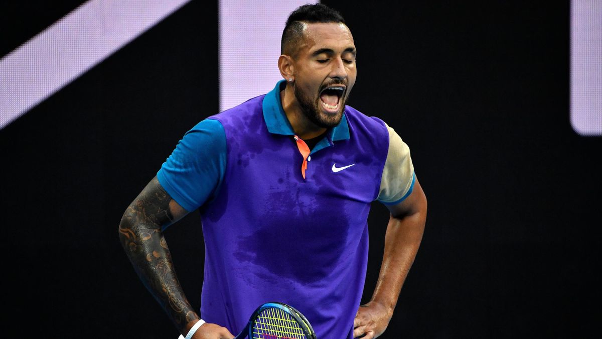 Australia's Nick Kyrgios reacts on a point against Portugal's Frederico Ferreira Silva uring their men's singles match on day one of the Australian Open tennis tournament in Melbourne