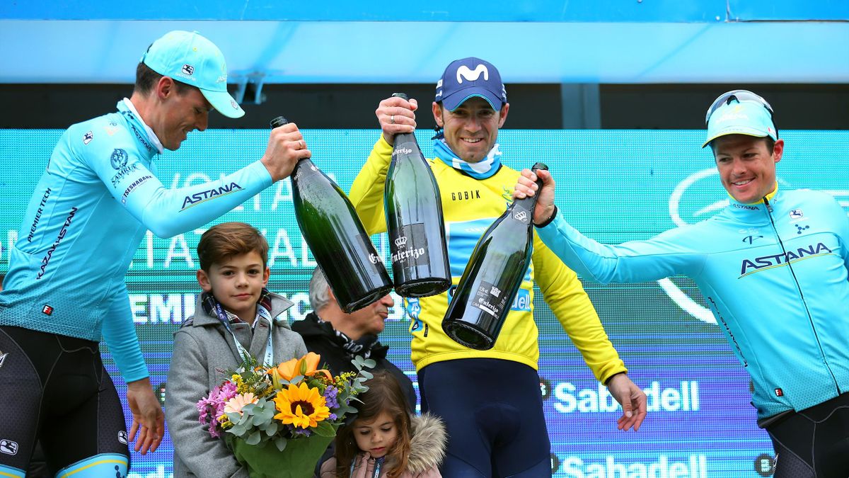 Cycling: 69th Volta a la Comunitat Valenciana 2018 / Stage 5 Podium / Luis Leon Sanchez (ESP)/ Alejandro Valverde (ESP) Yellow Leader Jersey / Jakob Fuglsang (DEN)/ Celebration / Children / Champagne / Paterna - Valencia (135,2km)