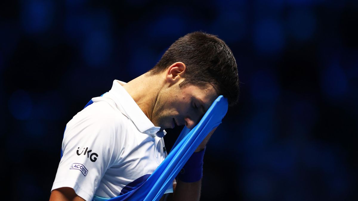 Novak Djokovic of Serbia reacts during the Men's Single's Second Semi-Final match between Novak Djokovic of Serbia and Alexander Zverev of Germany on Day Seven of the Nitto ATP World Tour Finals