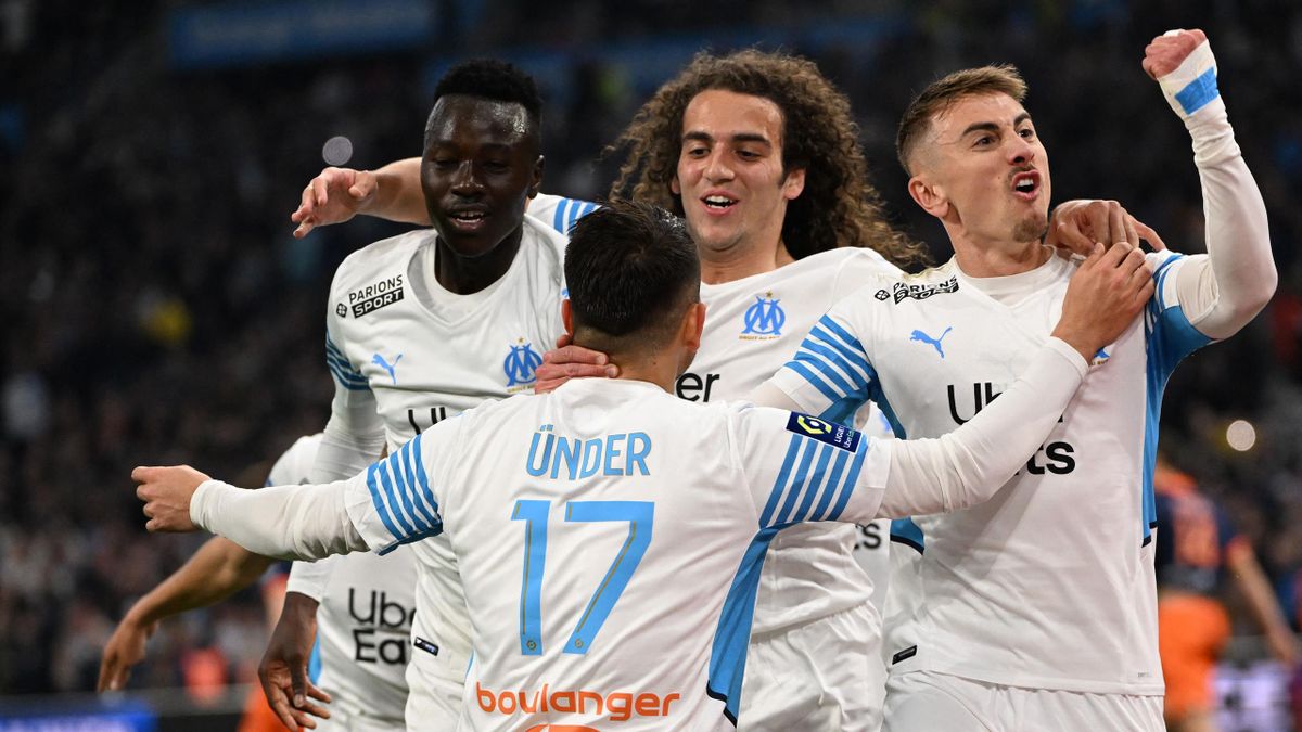 La joie des joueurs de l'OM, Guendouzi au centre, lors de leur succès face à Montpellier 2-0 en Ligue 1 - 10/04/2022
