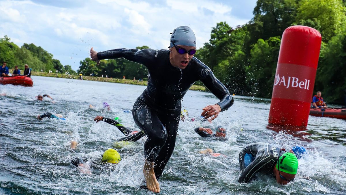 ritain's Sian Rainsley exiting the water in the women's race at the AJ Bell Leeds World Triathlon Championship Series race
