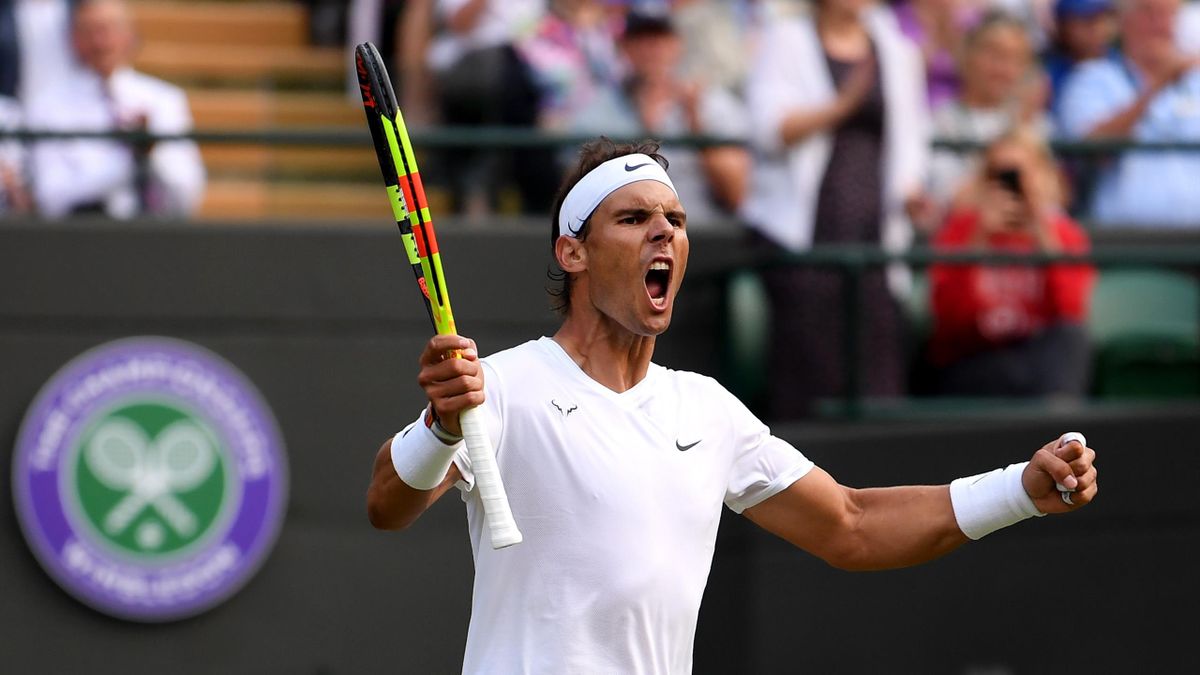 Rafael Nadal célèbre sa victoire face à Sam Querrey en quart de finale / Wimbledon 2019