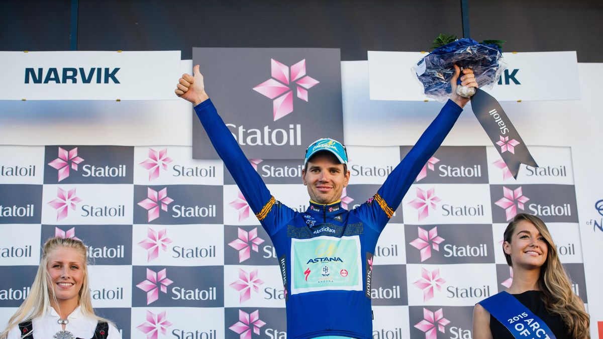Rein Taaramae of Estonia, competing for Astana Pro Team celebrates on the podium after winning the Arctic Race of Norway overall after the 165 km fourth and last stage between Narvik and Narvik in Norway on August 16, 2015. AFP PHOTO/JONATHAN NACKSTRAND