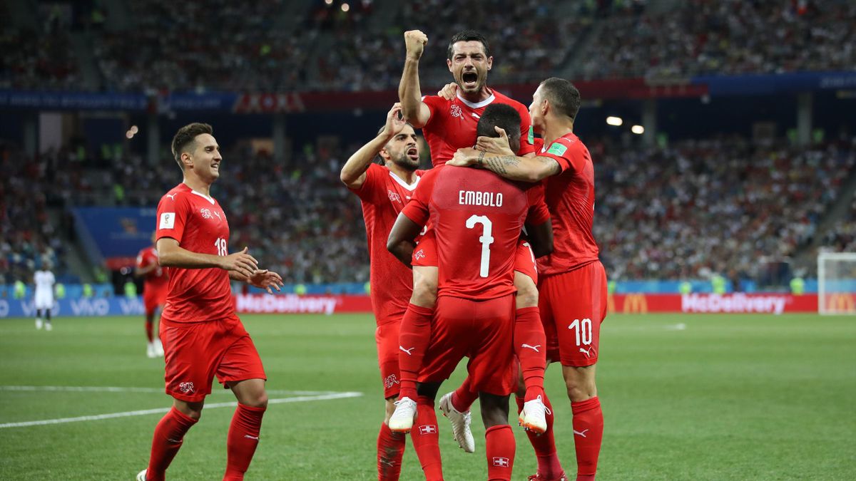 Blerim Dzemaili of Switzerland celebrates with teammates after scoring his team's first goal during the 2018 FIFA World Cup Russia group E match between Switzerland and Costa Rica at Nizhny Novgorod Stadium on June 27, 2018 in Nizhny Novgorod, Russia.