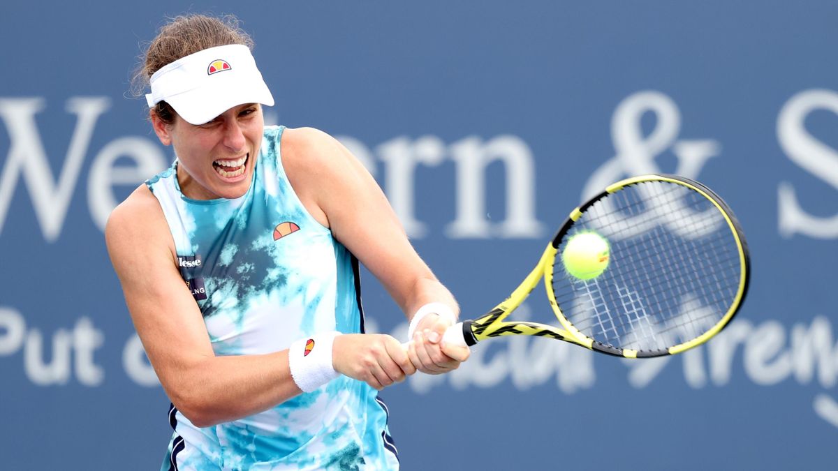 Johanna Konta of Great Britain returns a shot to Karolina Muchova of Czech Republic during the Western & Southern Open at Lindner Family Tennis Center on August 17, 2021 in Mason, Ohio.