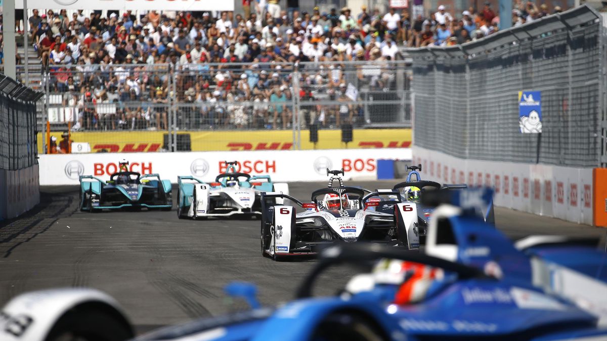 Formula E cars race during the 2019 New York City ePrix