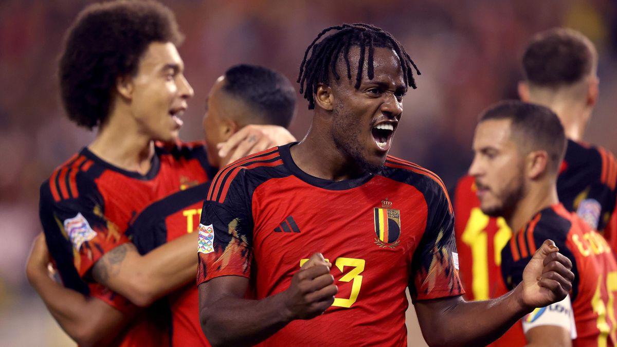 Michy Batshuayi celebrates after scoring for Belgium during the Nations League League A Group 4 football match between Belgium and Wales at The King Baudouin Stadium in Brussels on September 22, 202
