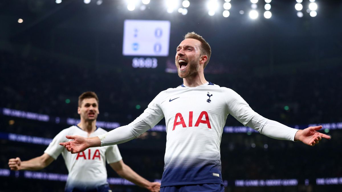 Christian Eriksen of Tottenham Hotspur celebrates after scoring his team's first goal during the Premier League match between Tottenham Hotspur and Brighton & Hove Albion at Tottenham Hotspur Stadium on April 23, 2019 in London, United Kingdom