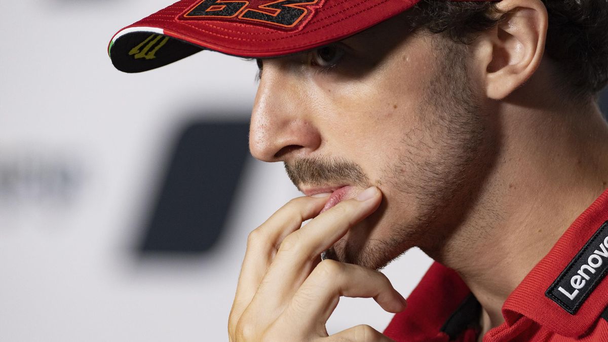 Francesco Bagnaia of Italy and Ducati Lenovo Team looks on during the press conference pre-event during the MotoGP Of San Marino - Previews at Misano World Circuit on September 01, 2022