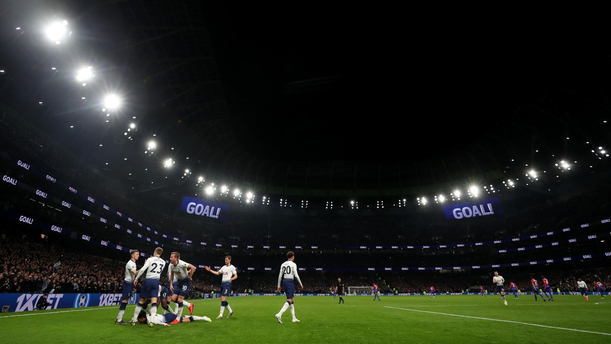 General view as Son Heung-min of Tottenham Hotspur celebrates scoring his sides first goal during the Premier League match between Tottenham Hotspur and Crystal Palace at Tottenham Hotspur Stadium on April 03, 2019 in London, United Kingdom.