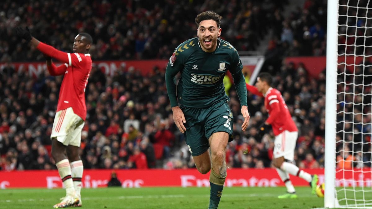Matt Crooks of Middlesbrough celebrates after scoring during the Emirates FA Cup Fourth Round match between Manchester United and Middlesbrough at Old Trafford on February 04, 2022 in Manchester, England. (Photo by Clive Mason/Getty Images)