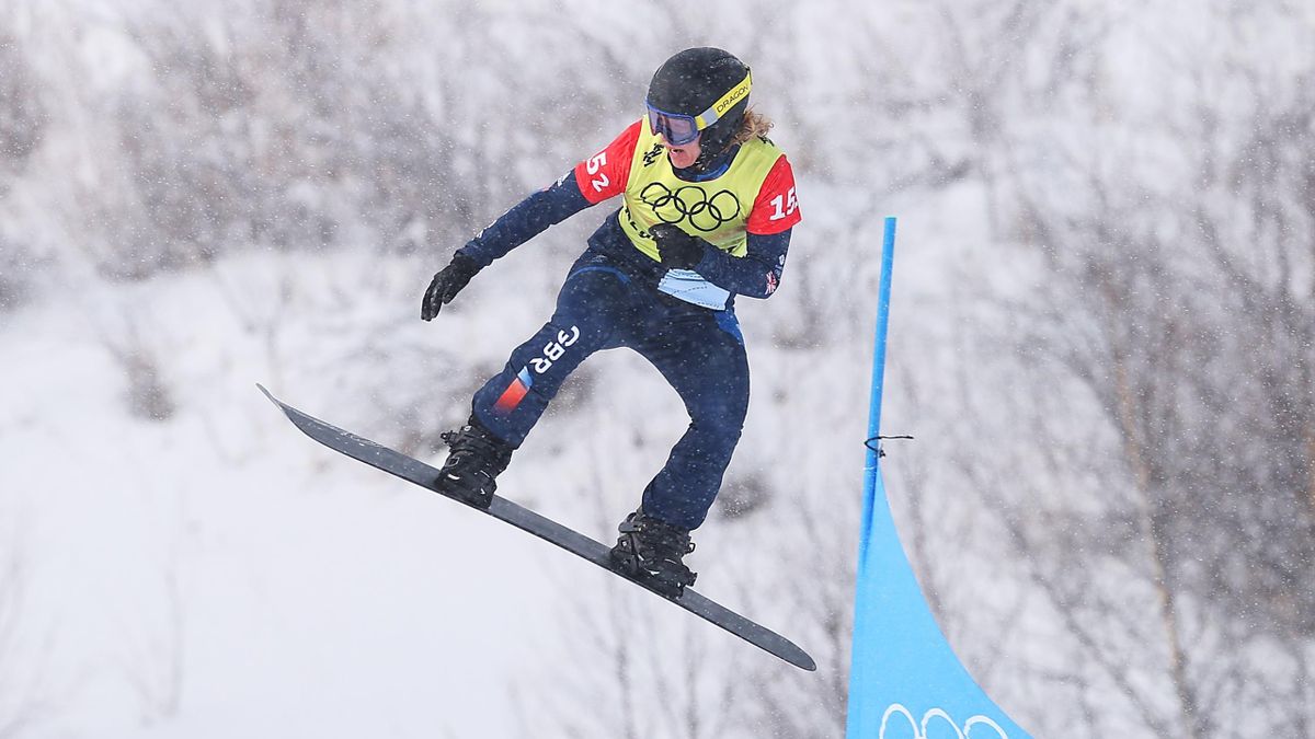 Charlotte Bankes of Team Great Britain competes during the Snowboard Mixed Team Cross Quarterfinals on Day 8 of the Beijing 2022 Winter Olympics at Genting Snow Park on February 12, 2022