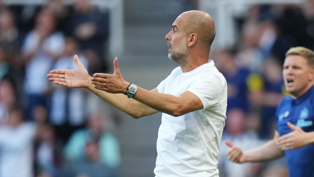 Pep Guardiola, Manager of Manchester City reacts during the Premier League match between Newcastle United and Manchester City at St. James Park on August 21, 2022 in Newcastle upon Tyne, England.
