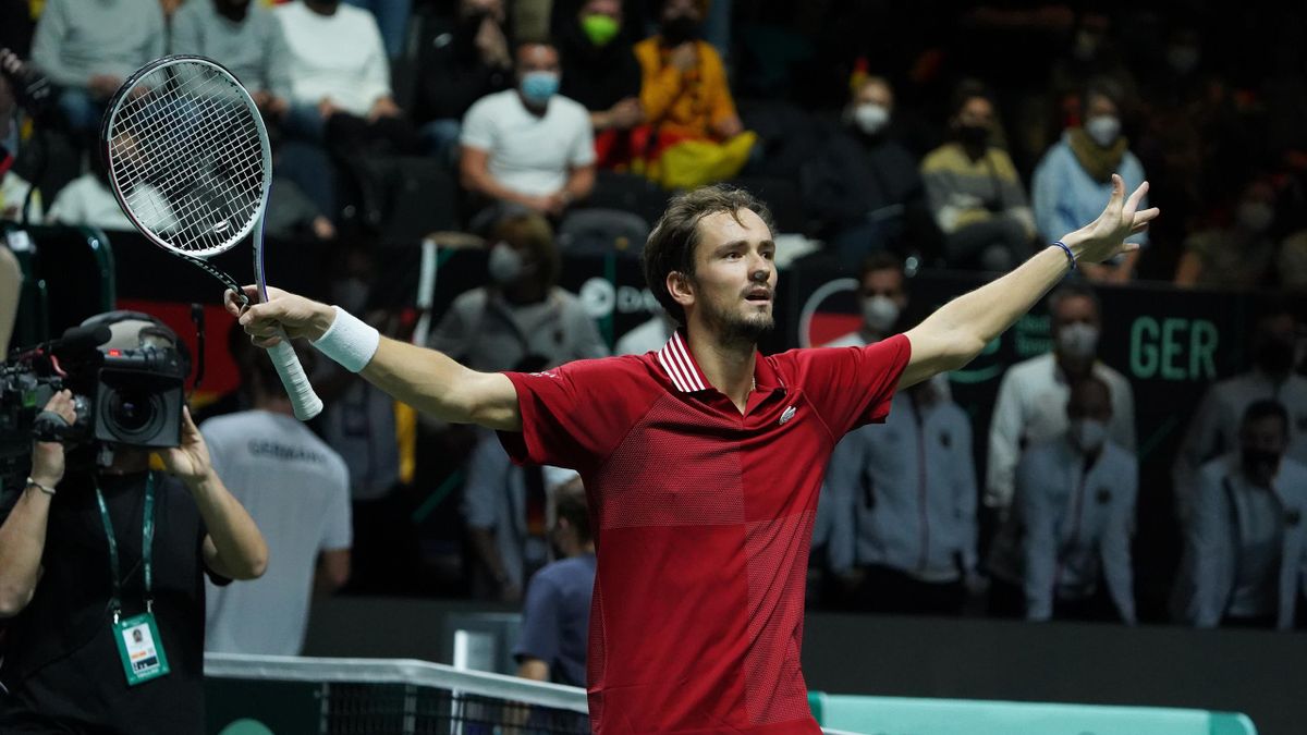 Daniil Medvedev of Russian Tennis Federation in action during the Davis Cup Finals 2021, Semifinal 2, tennis match played between Russia and Germany at Madrid Arena pabilion on December 04, 2021, in Madrid, Spain