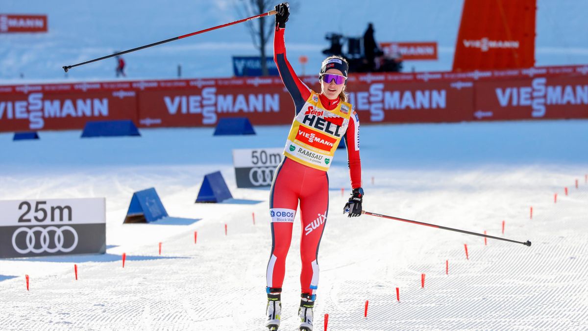 Gyda Westvold Hansen of Norway takes the first place during the Individual Gundersen HS98/5km at the FIS World Cup Nordic Combined Women Ramsau at Dachstein on December 17, 2021 in Ramsau, Austria.