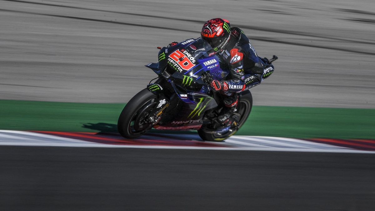 Monster Energy Yamaha MotoGP's French rider Fabio Quartararo takes part in the warm-up session ahead of the MotoGP race of the Portuguese Grand Prix at the Algarve International Circuit in Portimao on April 18, 2021