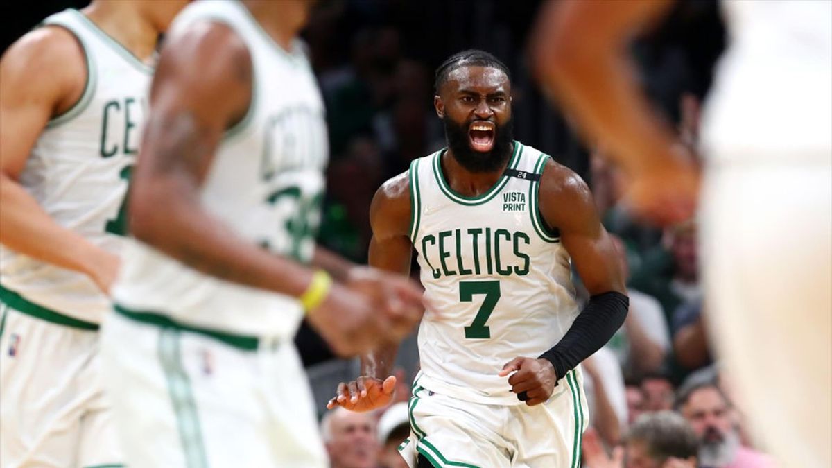 Jaylen Brown #7 of the Boston Celtics reacts against the Milwaukee Bucks during the third quarter in Game Seven of the 2022 NBA Playoffs Eastern Conference Semifinals at TD Garden on May 15, 2022 in Boston