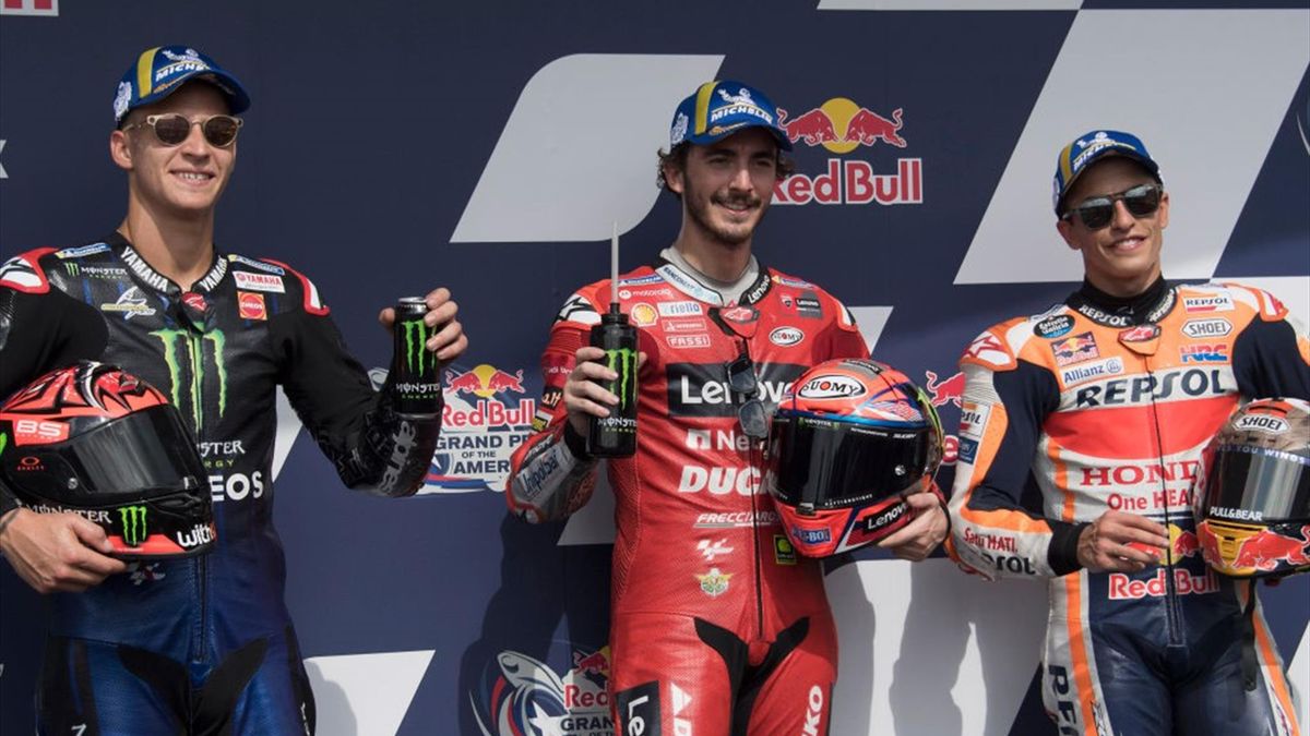 Fabio Quartararo (Yamaha Factory), Francesco Bagnaia (Ducati Team), Marc Marquez (Honda HRC) après la qualification des Grand Prix des Amériques 2021