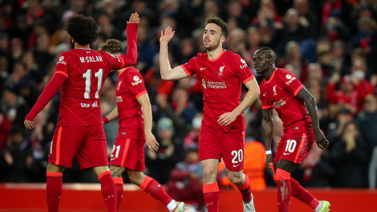 LIVERPOOL, ENGLAND - NOVEMBER 03: Diogo Jota of Liverpool celebrates after scoring a goal to make it 1-0 during the UEFA Champions League group B match between Liverpool FC and Atletico Madrid at Anfield on November 3, 2021 in Liverpool, United Kingdom. (