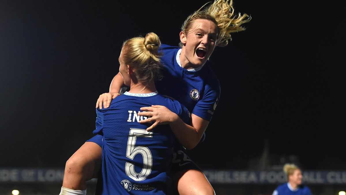 Chelsea's Sophie Ingle celebrates with team-mate Erin Cuthbert
