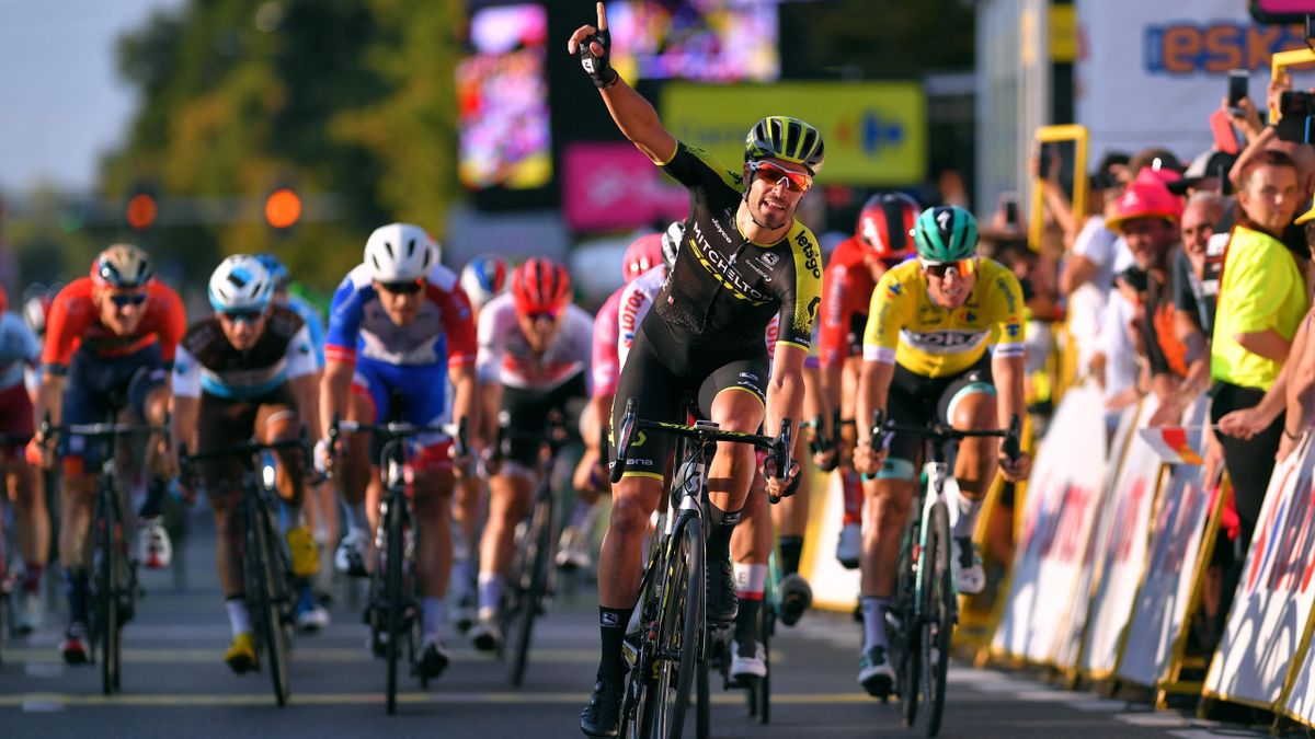 Luka Mezgec celebrates taking victory in Stage 2 of the Tour de Pologne