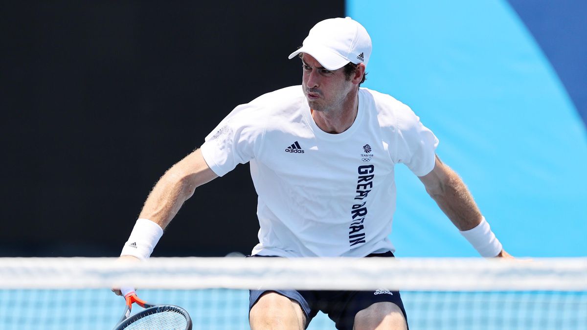 Andy Murray of Team Great Britain volleys during a practice session at Ariake Tennis Park ahead of the Tokyo 2020 Olympic Games on July 23, 2021 in Tokyo, Japan