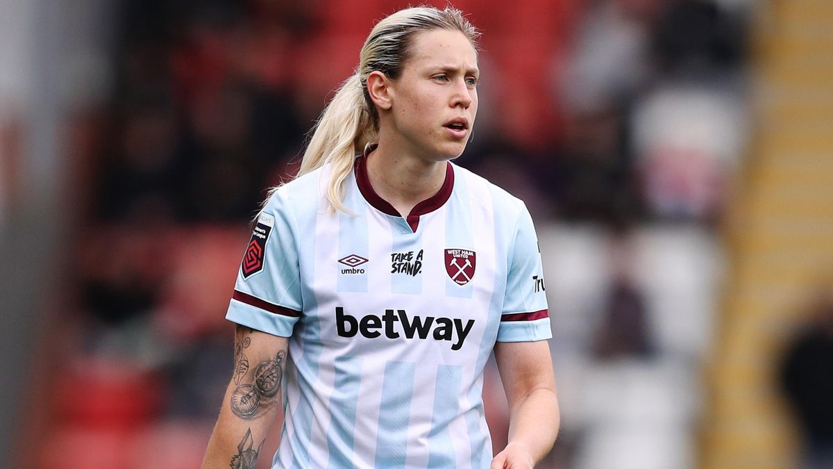 LEIGH, ENGLAND - MAY 01: Katerina Svitkova of West Ham United looks on during the Barclays FA Women's Super League match between Manchester United Women and West Ham United Women at Leigh Sports Village on May 01, 2022 in Leigh, England. (Photo by Charlot