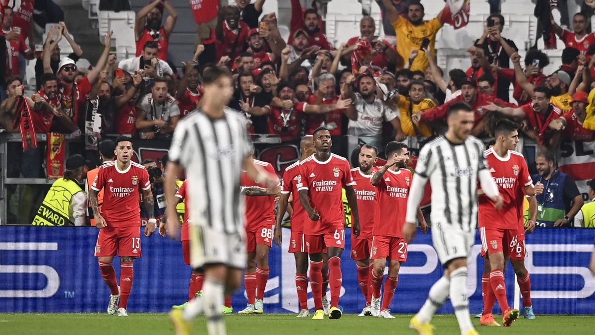 I giocatori del Benfica esultano per il gol contro la Juventus in Champions League 2022/2023 - Imago