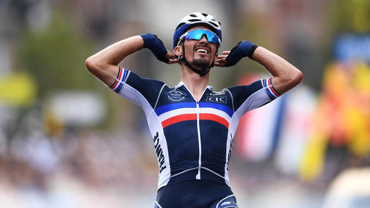Julian Alaphilippe of France celebrates at finish line as race winner during the 94th UCI Road World Championships 2021 - Men Elite Road Race a 268,3km race from Antwerp to Leuven / #flanders2021 / on September 26, 2021 in Leuven, Belgium