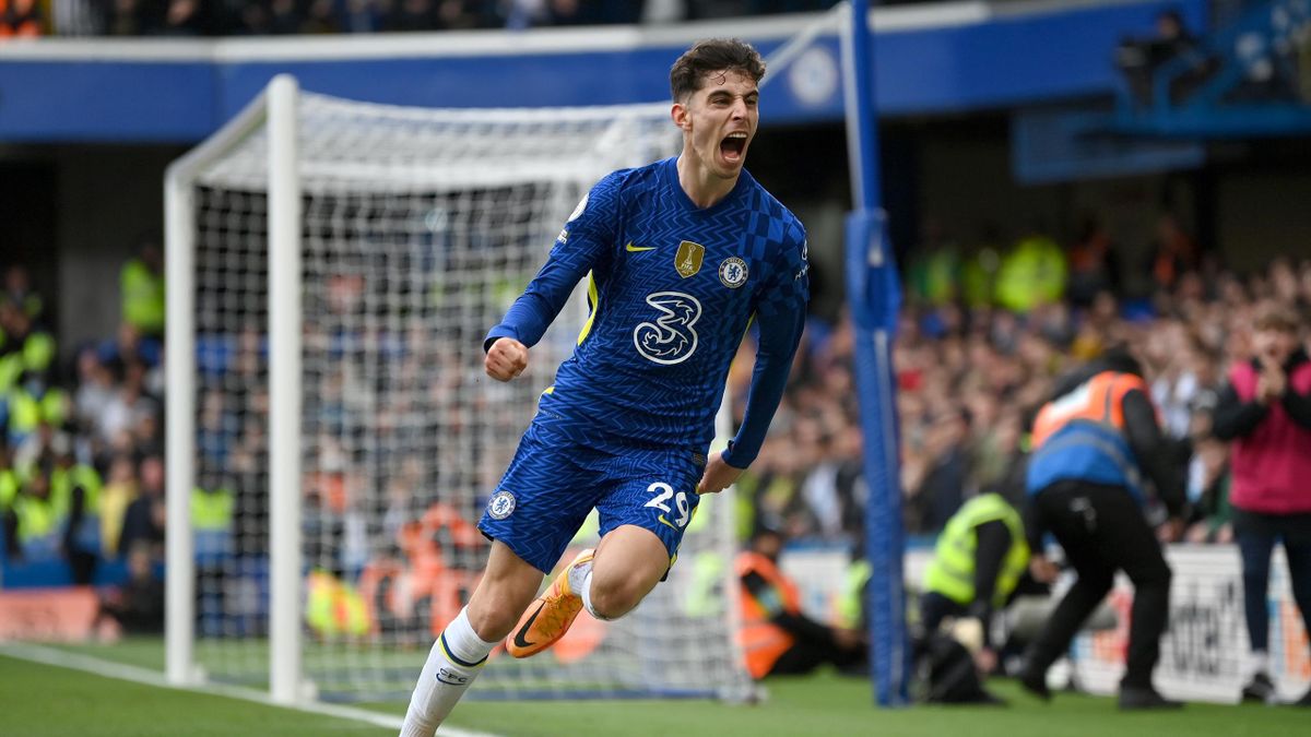 Kai Havertz of Chelsea celebrates after scoring their sides first goal during the Premier League match between Chelsea and Newcastle United at Stamford Bridge on March 13, 2022 in London, England