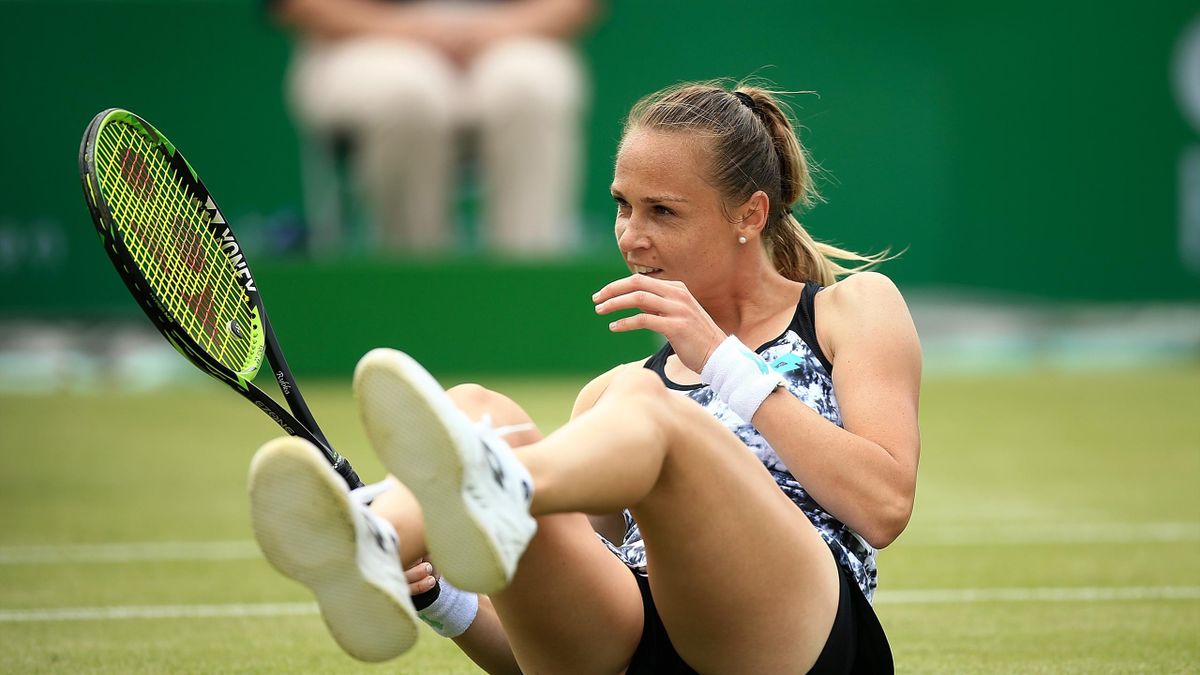 Magdalena Rybarikova of Slovakia reacts during her second round match against Mona Barthel of Germany on Day Five of the Nature Valley Open at Nottingham Tennis Centre on June 13, 2018 in Nottingham, United Kingdom.