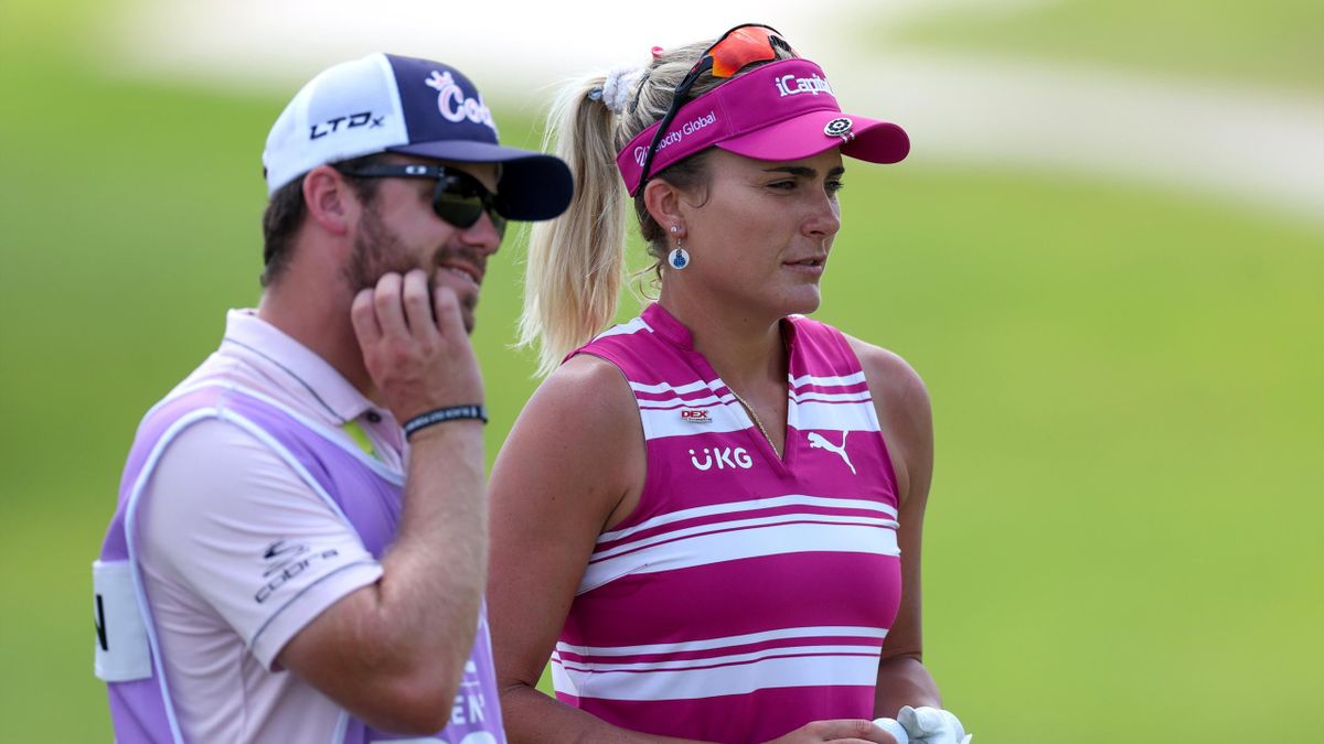 Lexi Thompson talks to her caddie during the KPMG Women's PGA Championship at Congressional Country Club on June 25, 2022 in Bethesda, Maryland