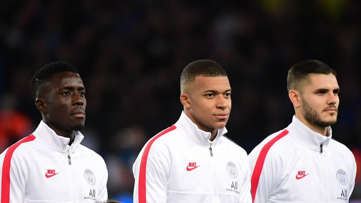 Idrissa Gueye, Kylian Mbappé et Mauro Icardi avant le match de Ligue des champions entre le PSG et Bruges, le 6 novembre 2019.