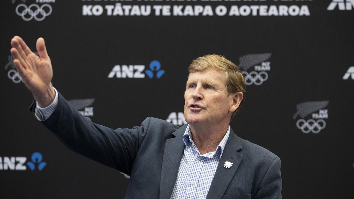 6: Mike Stanley (President, NZOC) during the New Zealand Olympic Committee athletics selection announcement at AUT Millennium Stadium on April 16, 2021 in Auckland, New Zealand.