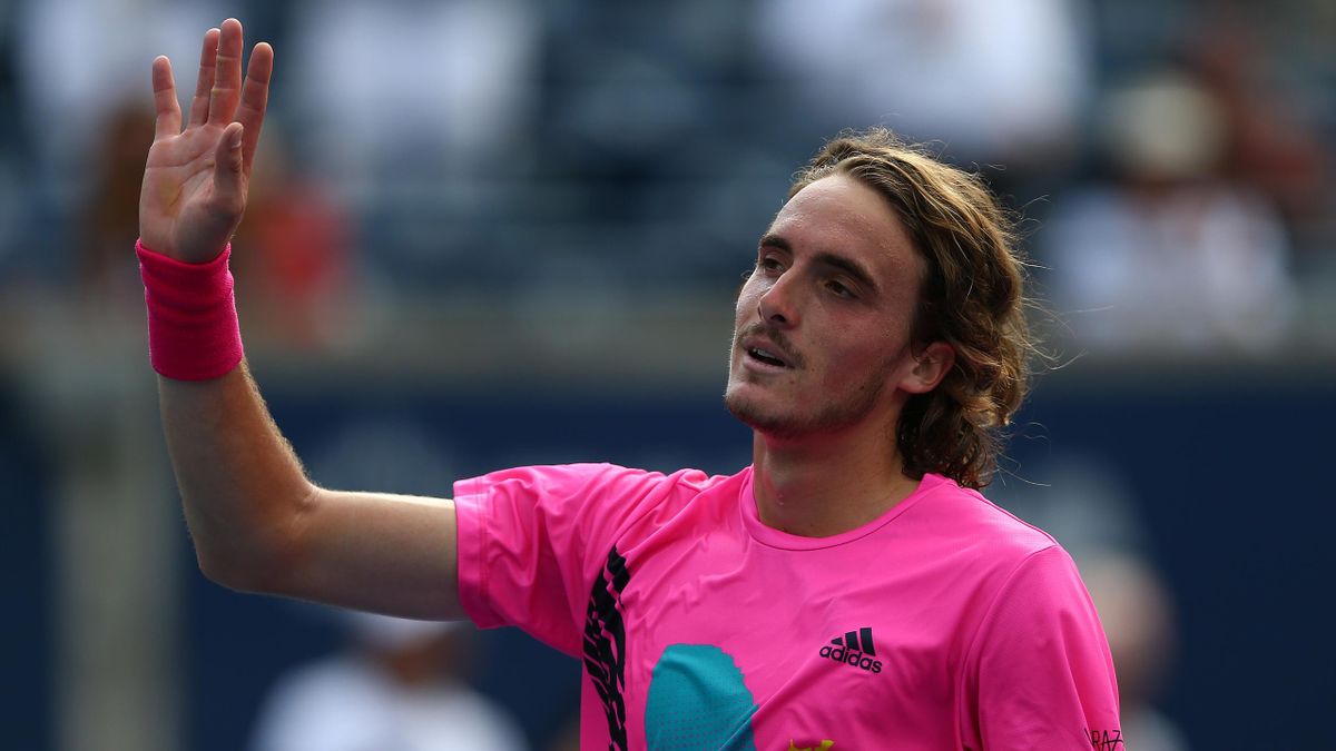 Stefanos Tsitsipas of Greece celebrates his victory over Novak Djokovic of Serbia during a 3rd round match on Day 4 of the Rogers Cup at Aviva Centre on August 9, 2018 in Toronto, Canada