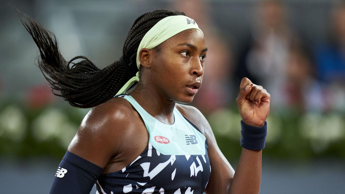 Coco Gauff of USA celebrates a point during her singles match against Simona Halep of Romania during Day Five of Mutua Madrid Open at La Caja Magica