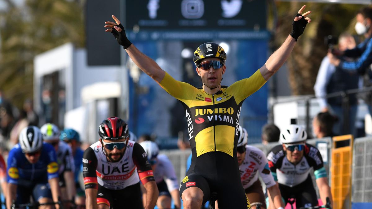 Wout Van Aert of Belgium and Team Jumbo - Visma Celebration & Fernando Gaviria Rendon of Colombia and UAE Team Emirates during the 56th Tirreno-Adriatico 2021, Stage 1 a 156km stage from Lido di Camaiore to Lido di Camaiore