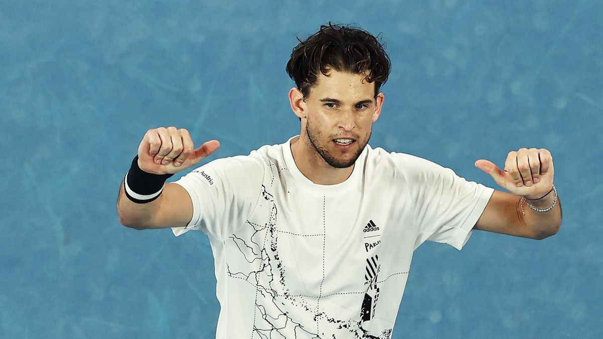 Dominic Thiem of Austria celebrates winning match point in his Men's Singles third round match against Nick Kyrgios of Australia during day five of the 2021 Australian Open at Melbourne Park