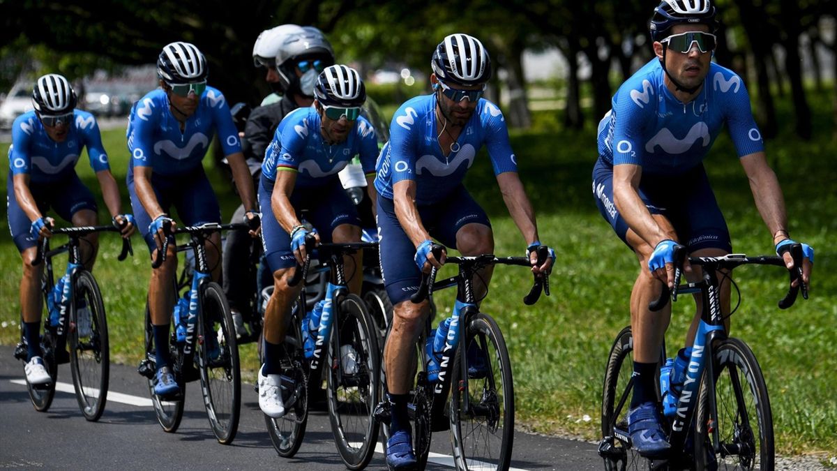 Team Movistar's riders lead the pack during the sixth stage of the 73rd edition of the Criterium du Dauphine cycling race, a 167km between Loriol-sur-Drome and Le Sappey-en-Chartreuse on June 4, 2021.
