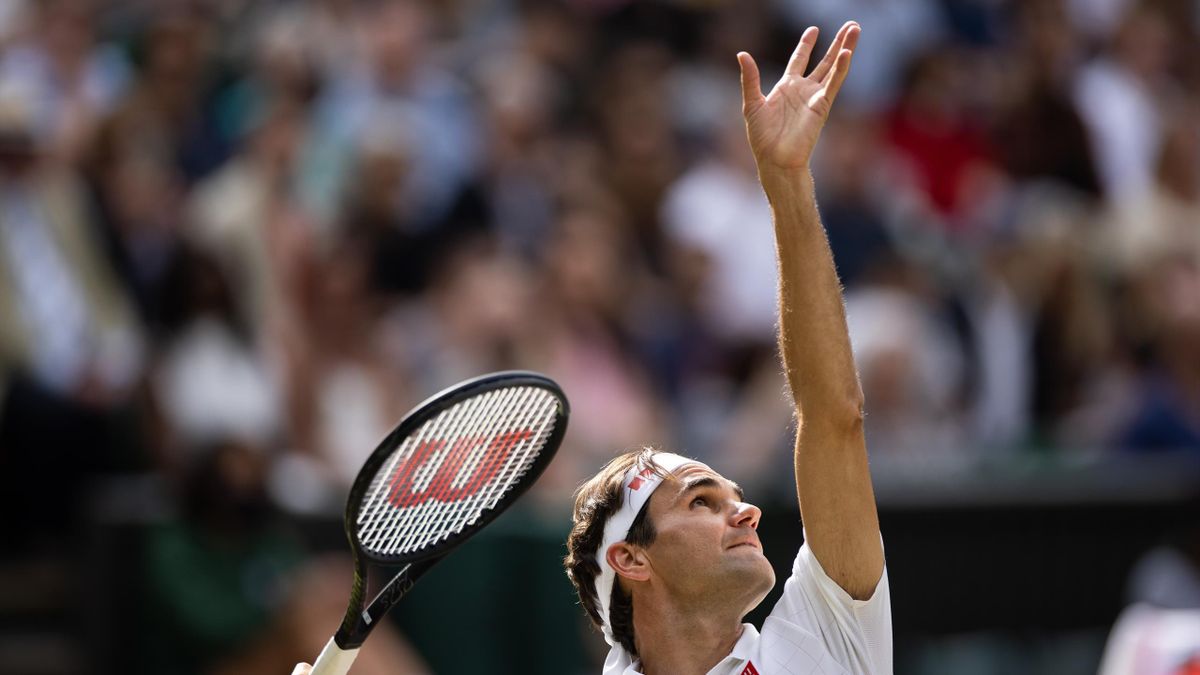 LONDON, ENGLAND - JULY 07: Roger Federer of Switzerland in action during the Men's Singles Quarter Final against Hubert Hurkacz of Poland (not pictured) at The Wimbledon Lawn Tennis Championship at the All England Lawn and Tennis Club at Wimbledon on July