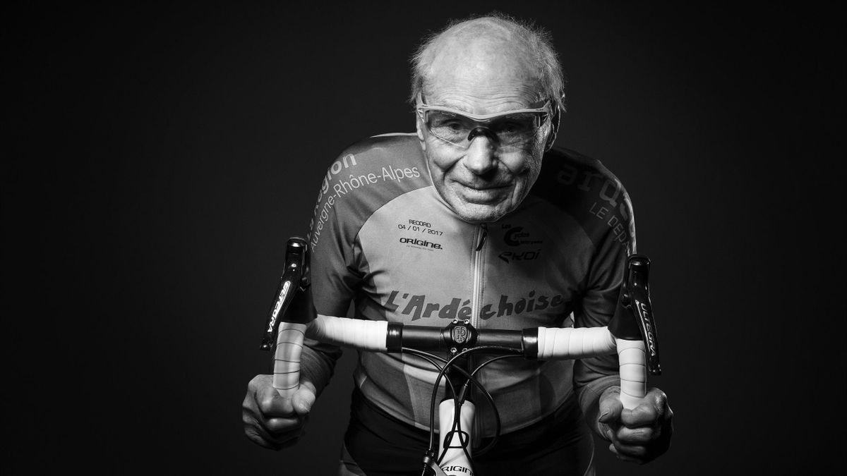 BLACK AND WHITE VERSION French 105-year-old Robert Marchand poses during a photo session in Paris on January 5, 2017, a day after he set a new one-hour cycling record for his age, although he was already in a class of his own. Marchand pedalled for 22,547