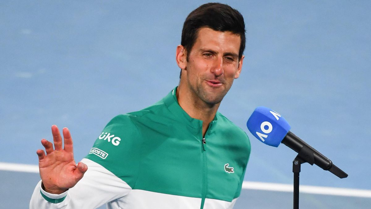 Novak Djokovic speaks after beating France's Jeremy Chardy in their men's singles match on day one of the Australian Open tennis tournament in Melbourne on February 8, 2021