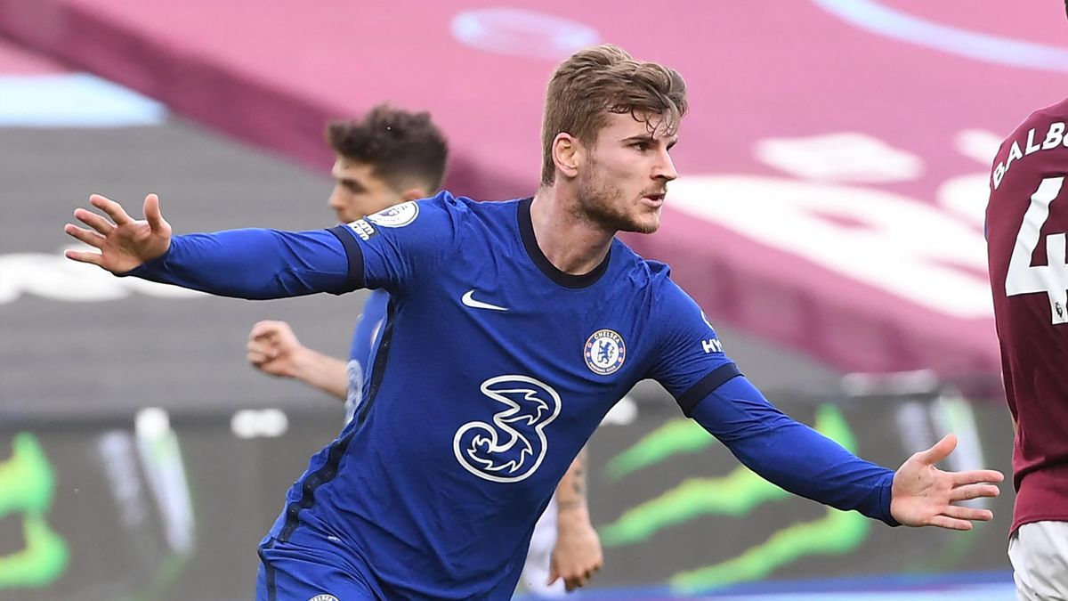 Chelsea's German striker Timo Werner celebrates after scoring the opening goal of the English Premier League football match between West Ham United and Chelsea at The London Stadium, in east London on April 24, 2021. -