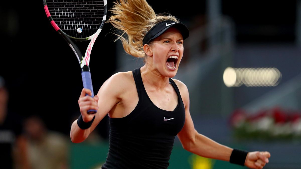 Eugenie Bouchard of Canada celebrates match point in her match against Maria Sharapova of Russia on day three of the Mutua Madrid Open tennis at La Caja Magica on May 8, 2017 in Madrid