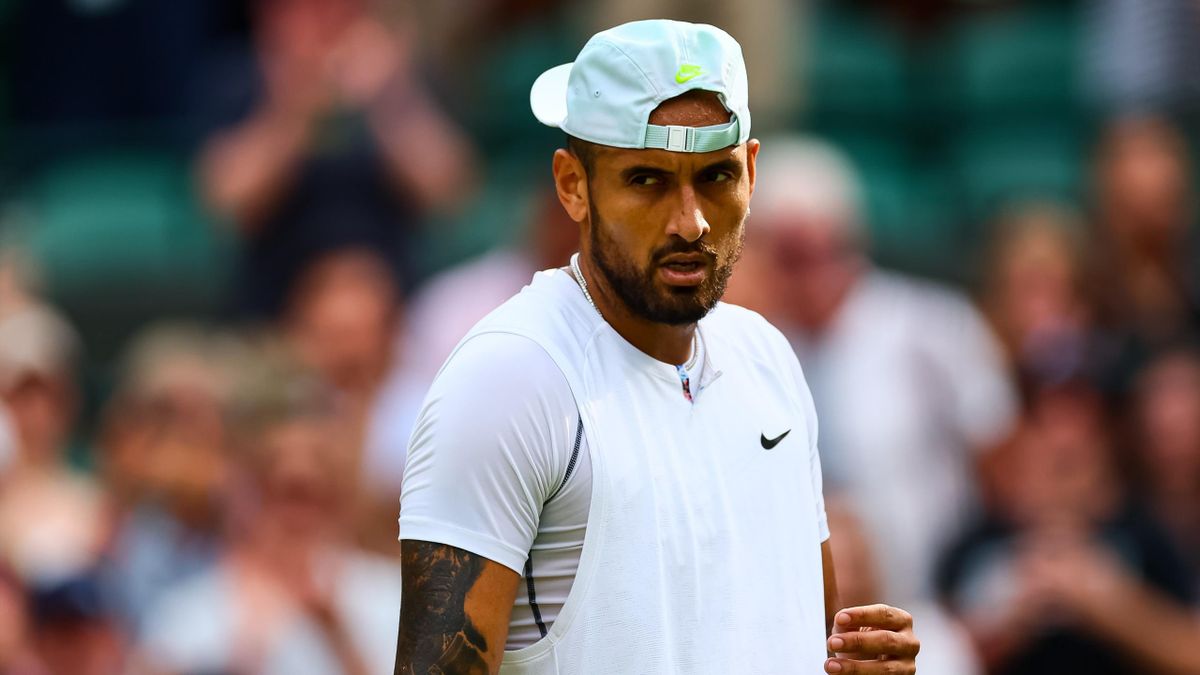 LONDON, ENGLAND - JULY 06: Nick Kyrgios of Australia celebrates his victory over Cristian Garin of Chile during day ten of The Championships Wimbledon 2022 at All England Lawn Tennis and Croquet Club on July 06, 2022 in London, England. (Photo by Frey/TPN